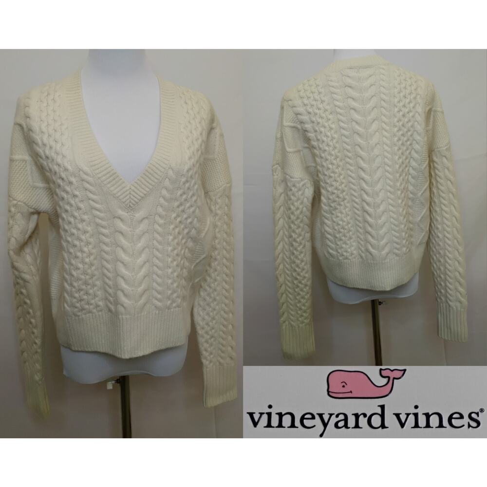 Vineyard Vines Merino Wool Sweater Women's M Off White Cropped V-Neck NWT#Z5427
